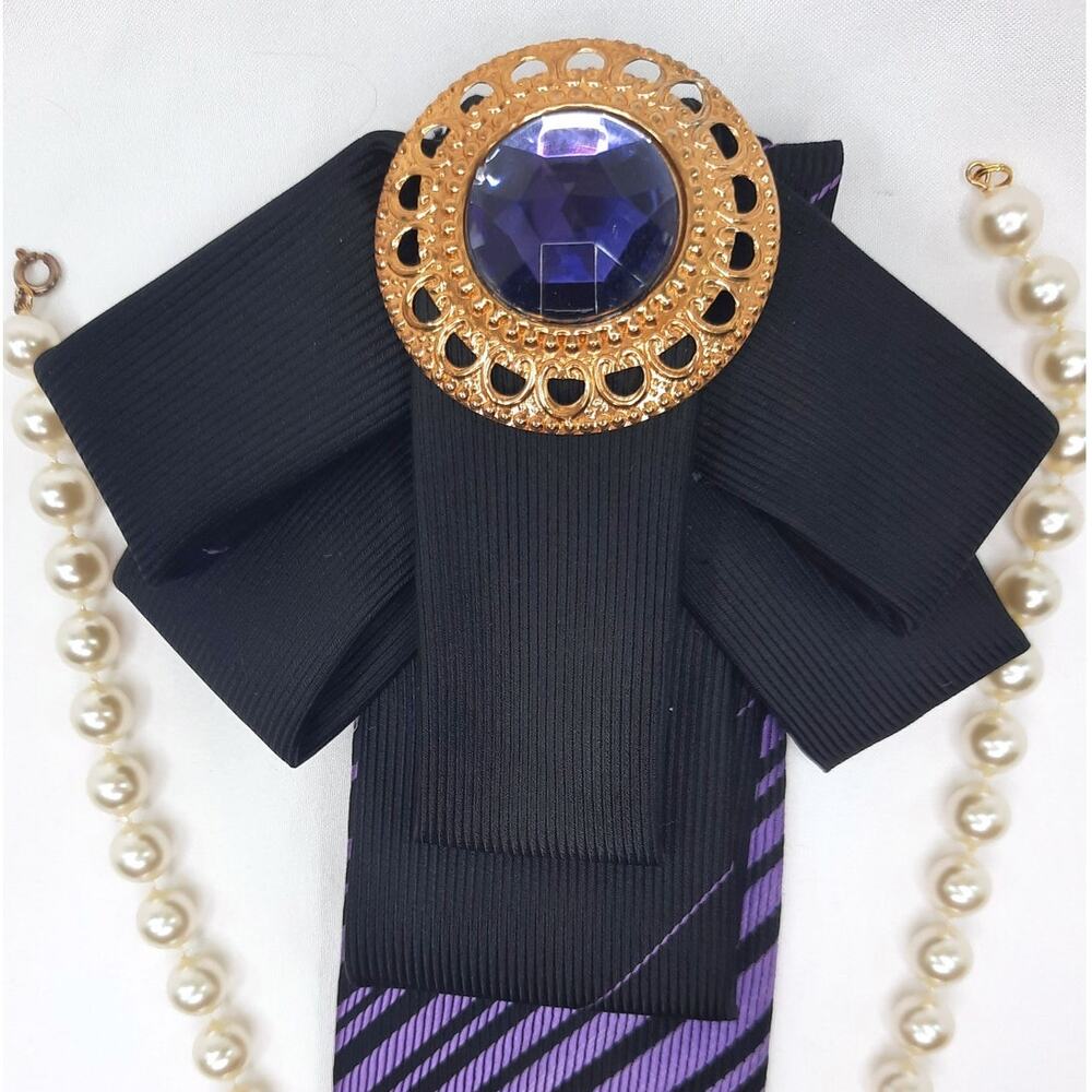 Artisan Vintage Tie Necklace Upcycled Black Purple Gold Jewel Accent Faux Pearls - Picture 7 of 8